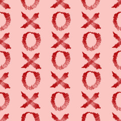 Vector seamless pattern with XOXO. Hipster symbols of hugs and kisses. on pink background