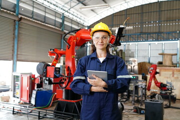 Engineer check and control welding robotics automatic arms machine in intelligent factory...