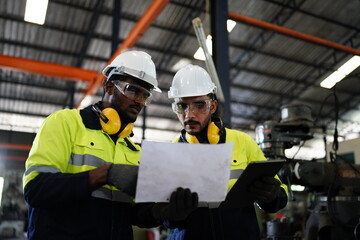 Fototapeta premium Professional men engineer worker skills quality, maintenance, training industry factory worker , warehouse Workshop for factory operators, mechanical engineering team production.