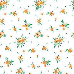 Seamless pattern with small flowers, leaves on a white background. Liberty composition of simple orange flowers, foliage. Cute floral print, summer botanical background with romantic motifs. Vector.