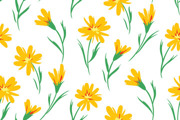 Seamless pattern with yellow dandelion flowers on a white background. Simple composition with artistic flowers. Summer floral print, romantic botanical background with isolated flowers. Vector.