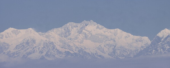world 3rd highest peak mount kangchenjunga or kanchenjunga and snowcapped himalaya from lepcha jagat near darjeeling hill station,west bengal, india
