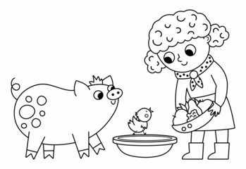 Outline farmer girl feeding animals. Vector black and white cattle breeder icon. Cute kid doing agricultural work. Child with cute pig. Funny farm illustration or coloring page.