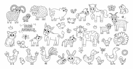 Big black and white vector farm animals set. Big collection with cow, horse, goat, sheep, duck, hen, pig and their babies. Country outline bird illustration pack. Cute mother and baby line icons.