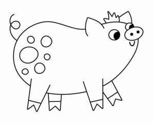 Vector black and white pig icon. Cute cartoon swine line illustration for kids. Farm animal isolated on white background. Colorful outline cattle picture or coloring page for children.