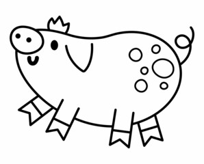 Vector black and white piglet icon. Cute cartoon little pig line illustration for kids. Farm animal baby isolated on white background. Colorful cattle picture or coloring page for children.