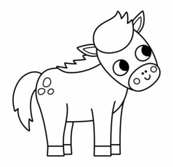 Vector black and white foal icon. Cute cartoon little horse line illustration for kids. Farm baby animal isolated on white background. Colorful cattle picture or coloring page for children.