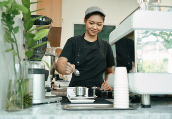 Happy woman barista cafe coffee uniform apron make coffee 