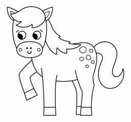 Vector black and white horse icon. Cute cartoon mare line illustration for kids. Farm outline animal isolated on white background. Colorful cattle picture or coloring page for children.