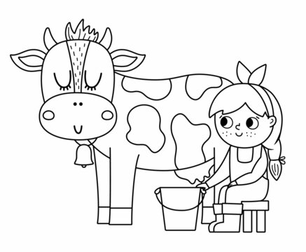 Vector black and white milkmaid icon. Outline farmer girl milking cow. Cute kid doing agricultural work. Rural country scene. Child with cute animal. Funny farm illustration with cartoon characters.