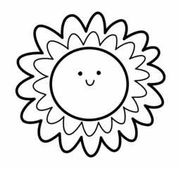Cute black and white smiling kawaii sun icon. Vector childish outline illustration. Line planet picture or coloring page isolated on white background..