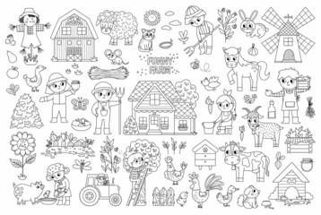 Big black and white vector farm set. Rural line icons collection with funny kid farmers, barn, country house, animals, birds, tractor, windmill. Cute outline village or garden coloring page.