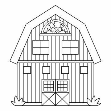 recommend clip art: Vector black and white barn icon isolated on white background. Farm shed outline illustration. Cute line woodshed with windows and hen in the nest. Rural garden outhouse picture or coloring page.