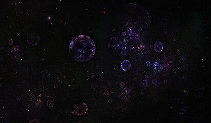 Movement of electrons or positrons in electric or magnetic field. Small planets in open space with new star, star dust clouds, stellar system and nebula,  night star sky. 3d illustration fractal art.