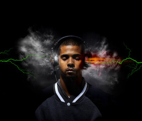 Music beats explode my mind. Digitally enhanced image of a young man listening to music exploding from his head phones.