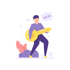 illustration of a happy person because he got a new key. concept or metaphor create new password, forgot password solution. login or sign in. flat cartoon style. vector design. landing page, ui