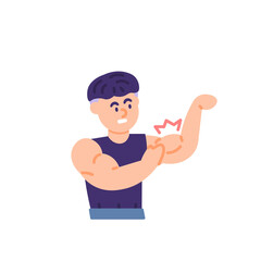 illustration of a man who has cramps in his biceps or arm muscles. bodybuilder, weightlifter. disease, hand pain after exercise. stiff muscles. flat cartoon style. vector design. landing page, ui