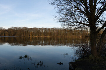 A serene spring day at the Rusalka lake in the city of Poznan before sunset