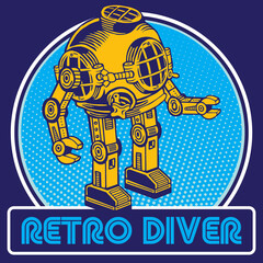 Retro Robot Mascot in Vintage Diver Helmet Character Design 
