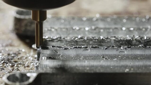 Milling cnc machining. Cutting tool processing metal detail on milling machine in workshop. Metalworking milling machine. Produces metal parts in a factory. Close up of the detail. Slow motion.