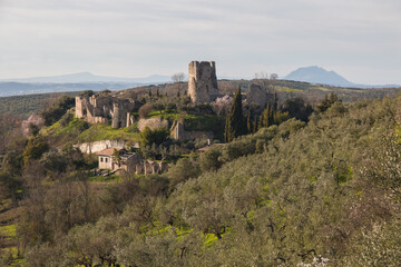 Fototapeta premium The old ruins of Stazzano Vecchia, a little village destroyed by eartquake in Lazio, Italy