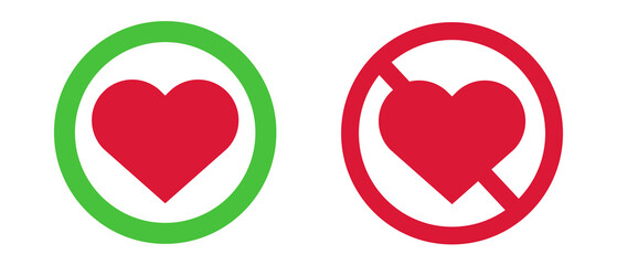 Marriage and divorce. Love and heartbreak. Set of icons with circle, heart, stop sign and heart symbol. Vectors.