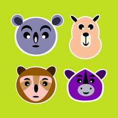 animal stickers in cartoon style collection of cute wild animal heads vector illustration