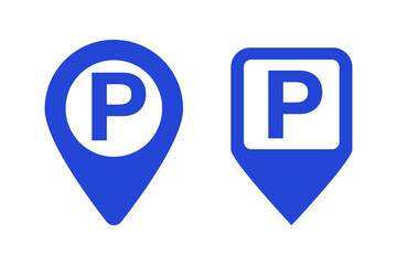 Parking sign map pin icon set. Parking lot location information. Editable vectors.