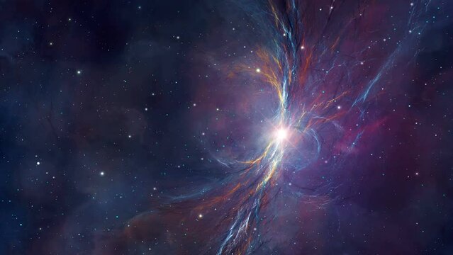 Space background. Flying through blue and violet nebula with stars field. Digital animation, 3D rendering