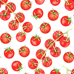 Seamless pattern of Cherry tomatoes. Watercolor illustration. Isolated on a white background.