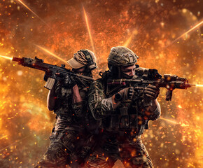 Private security service contractors, the elite special unit, full protective soldiers aiming at...