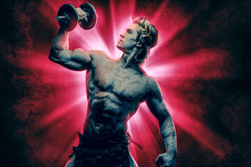 Strong greek man with dumbbell agianst red background
