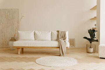 Stylish living room with white and beige furniture. Modern minimalistic interior.