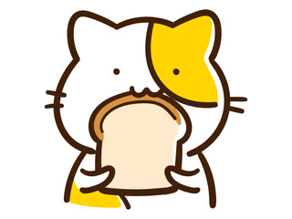 食パンを加えるかわいいねこのキャラクターの手書き風イラスト