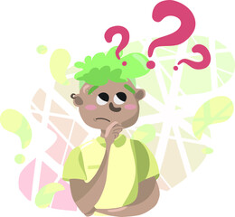 Cartoon man confused with three question marks isolated on colorful gradient background 