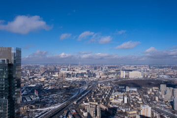 View from the Moscow City tower. Panorama of the winter city