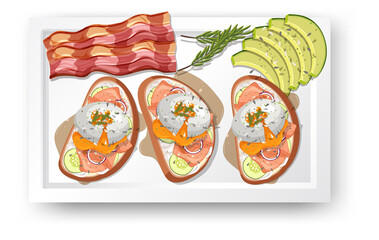 Top view food, egg benedict and avocado on white background