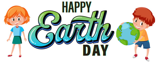 Happy earth day logo design with children cartoon character