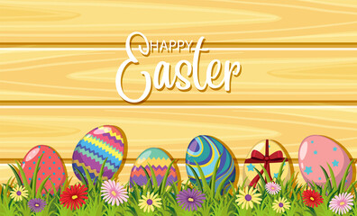 Happy Easter design with decorated eggs in garden