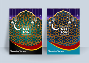 Islamic greeting card banner background with ornamental colorful detail star,mosque,crescent,mandala