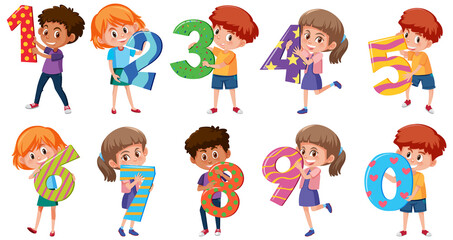 Set of different children holding the numbers isolated on white background