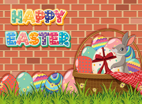 Happy Easter design with rabbit and eggs