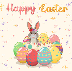 Happy Easter design with bunny and eggs