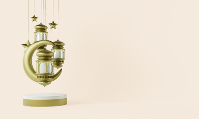 Ramadan 3d rendering with chandelier above the podium