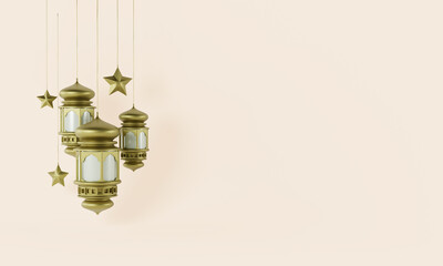 Ramadan 3d render with golden chandelier illustration