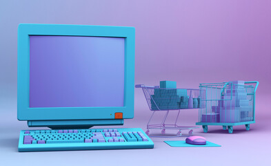 Concept image related to the convenience of online purchases via websites and shopping apps. 3D illustration of a desktop monitor, keyboard and computer mouse nearby two full grocery carts