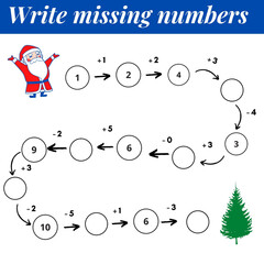 Mathematics educational game for children. Complete the row, write missing numbers. Solve the equation and help Santa find Christmas tree. Math activity for preschool kids and toddlers.