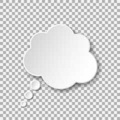 Vector paper cut speech bubble in the shape of a cloud. White volume element with shadow underneath on transparent background. Volumetric, trendy design. Best for polygraphy, print and web.