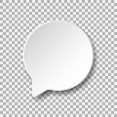 Vector paper cut comment speech bubble. White volume element with shadow underneath on transparent background. Volumetric, trendy design. Best for polygraphy, print and web.