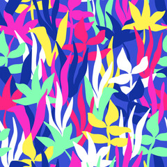 Floral vector seamless pattern. Neon colored modern botanical background. Abstract tropical print design. Hand drawn leaves and branches. Fabric, paper, wallpaper